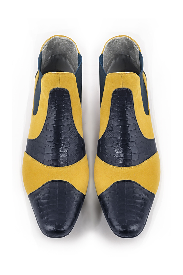 Women's navy blue and yellow elegant two-tone Chelsea ankle boots, with side elastics. Round toe. Low flare heels - Top view